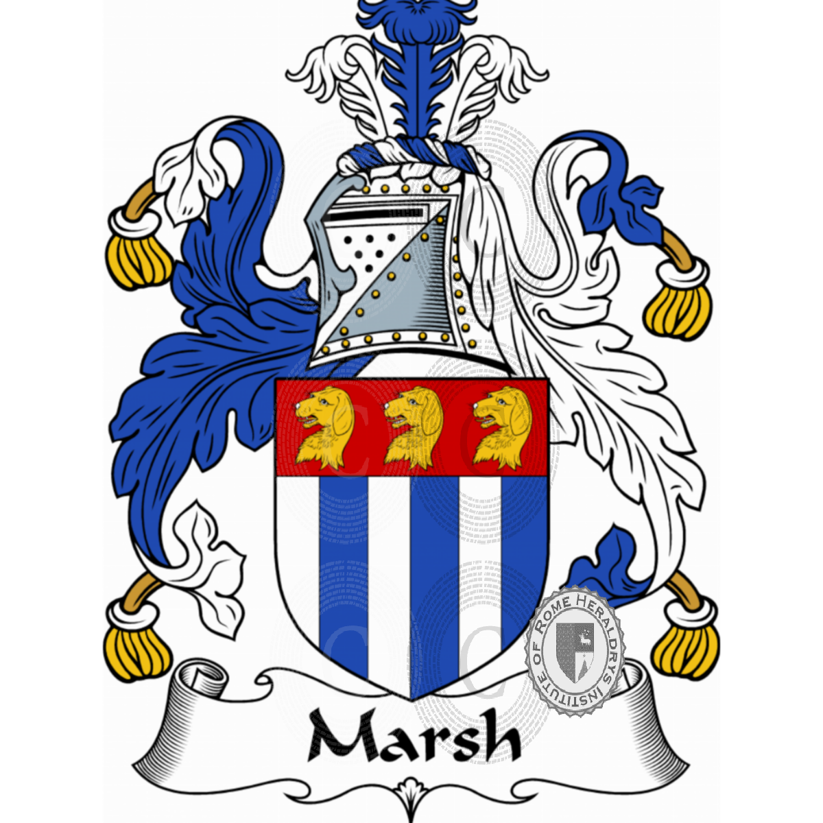 Marsh shield with blue and silver vertical stripes and three gold lion heads